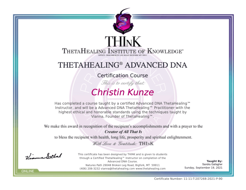 Theta Healing certificate kunze christin Advanced DNA - Theta Healing