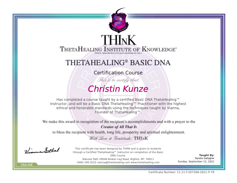 Theta Healing certificate kunze christin Basic DNA - Theta Healing